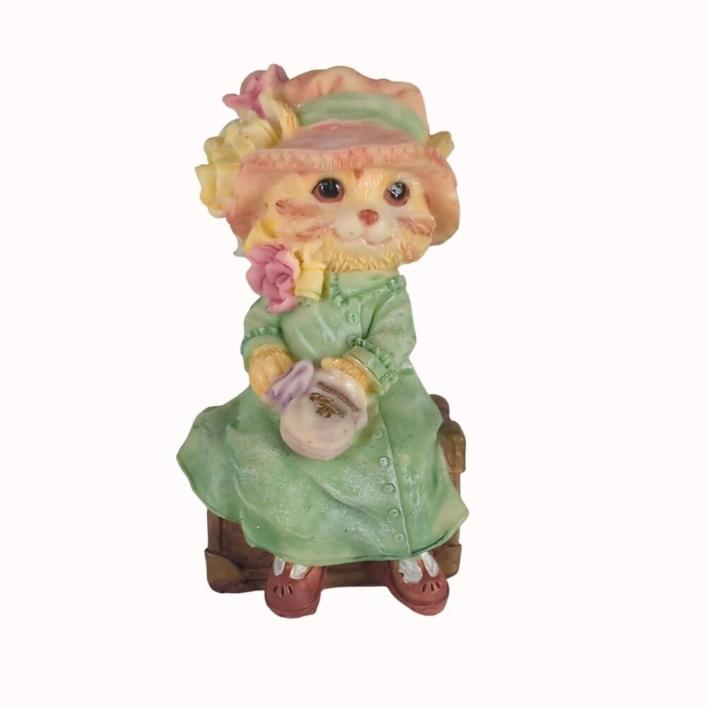 Vintage Cat In Green Dress With Pink Hat Anthropomorphic Resin Figurine